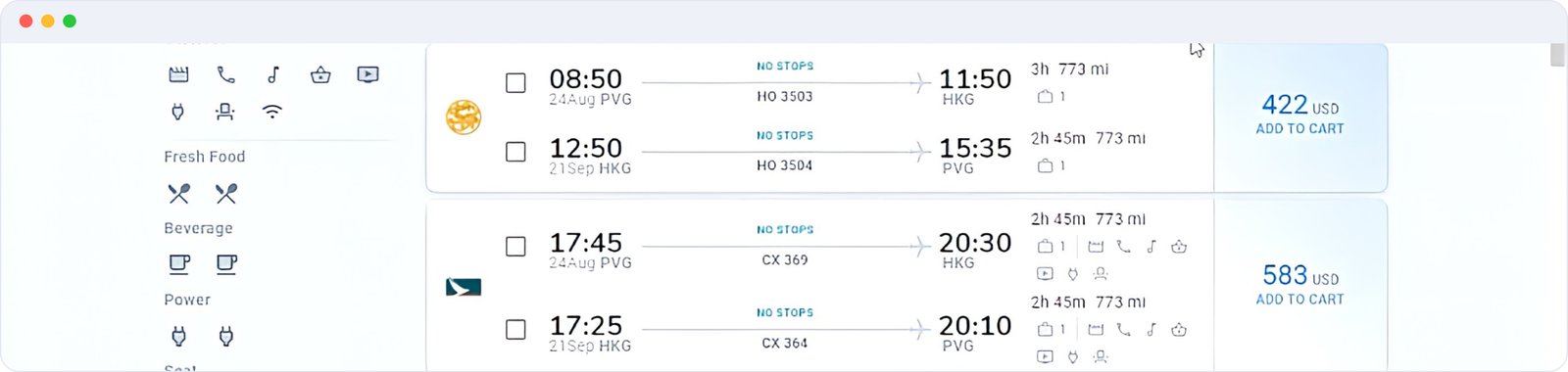 Original filter and flight row with ungrouped icons