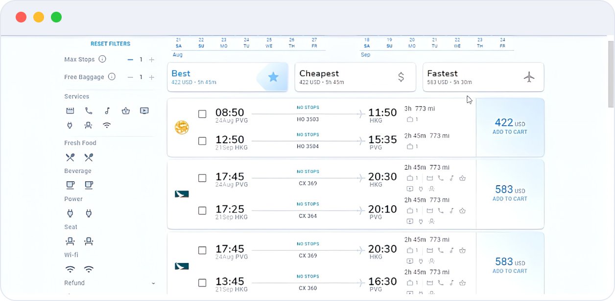 Original results page with dense rows and unlabeled icons