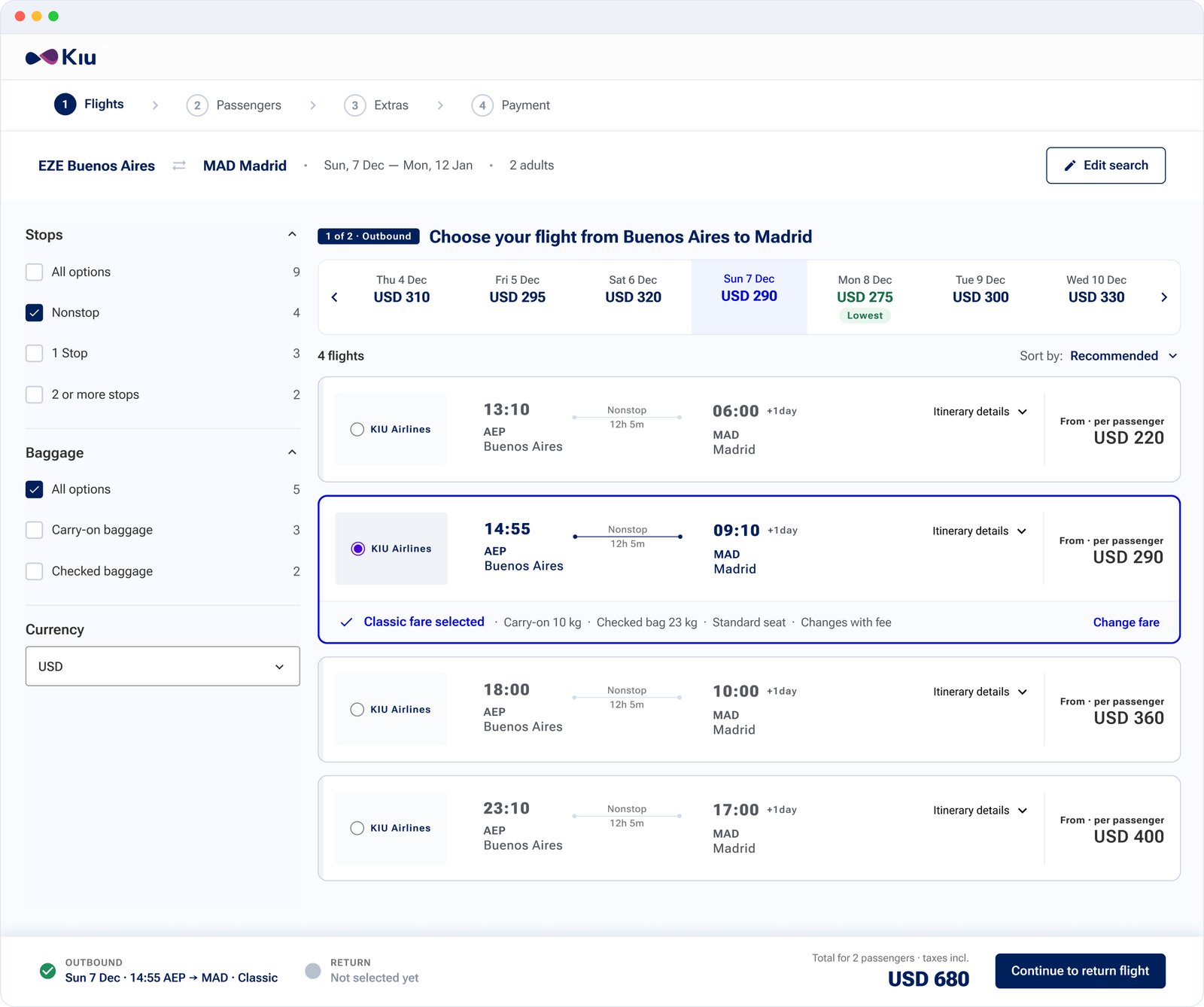 Final search results page with fare cards, filters and a sticky Continue bar
