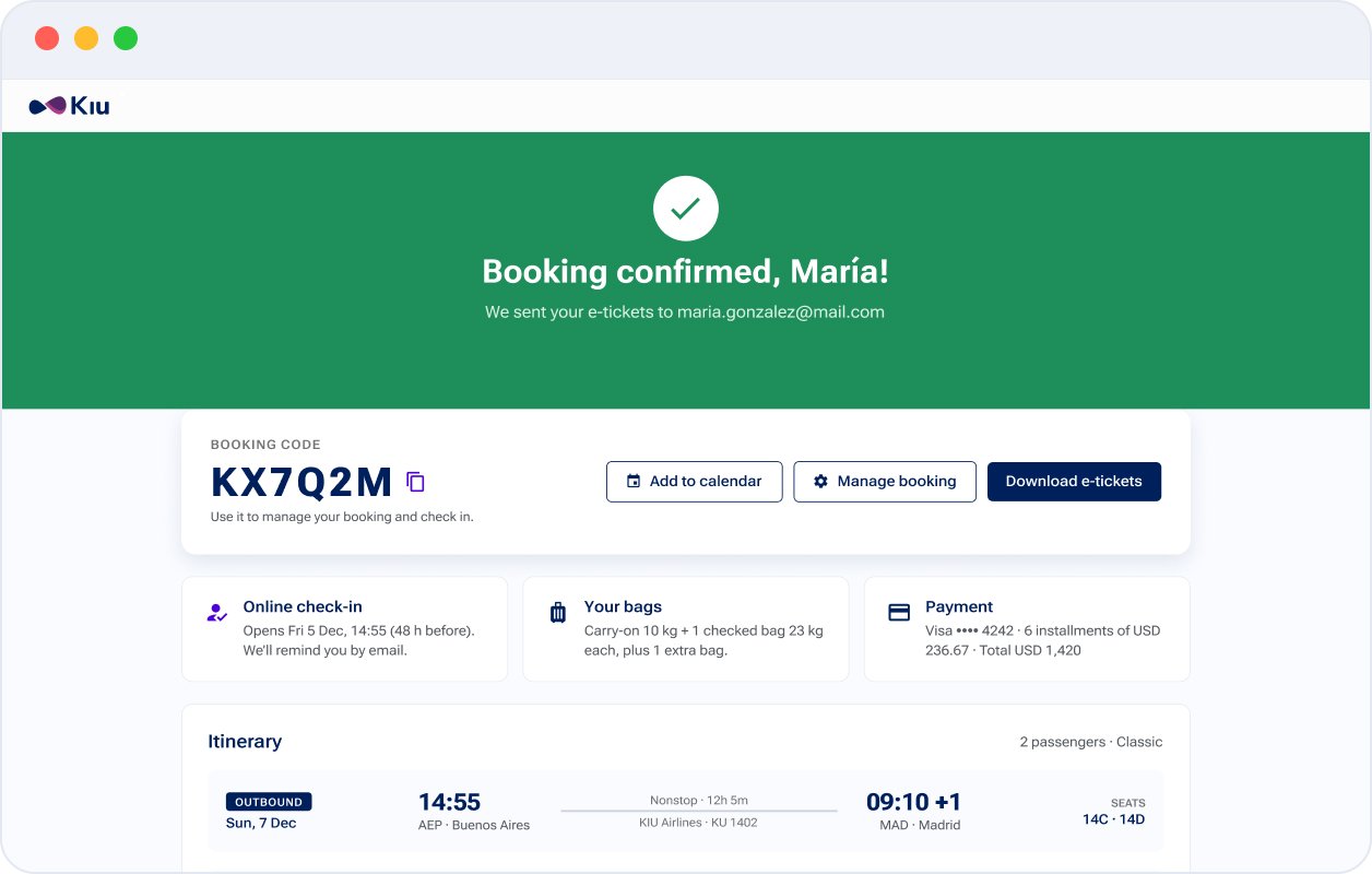 Confirmation page with the booking code front and center
