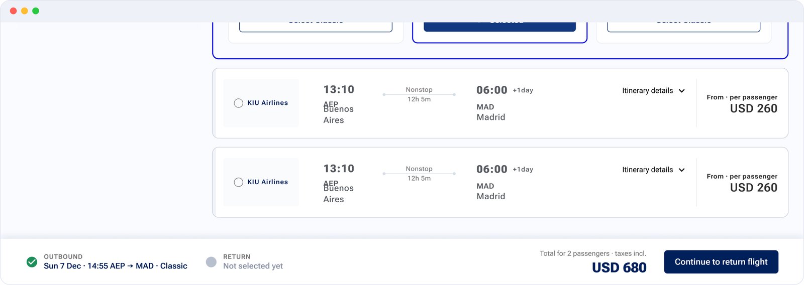 Selected flight card with an outline and the sticky Continue bar showing the total